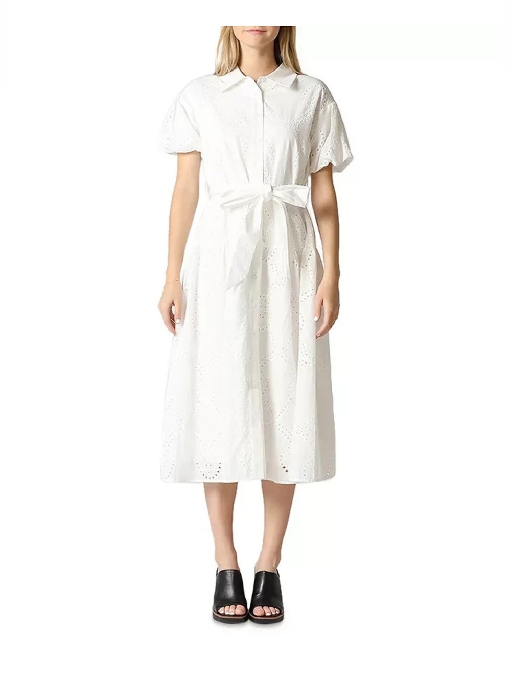 New GRACIA Eyelet Midi Dress Women's XL White Button Front Short Sleeves
